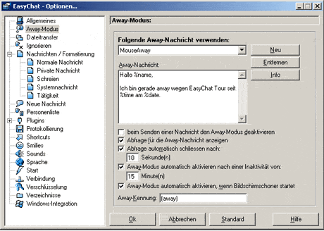 Awaymodus-Optionsseite